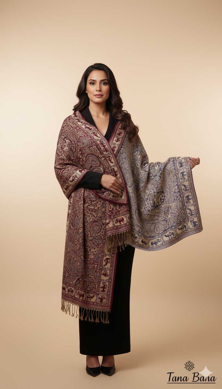 The Royal Elephant Reversible Shawl: |Bordeaux & Blue-Grey| TANA BANA