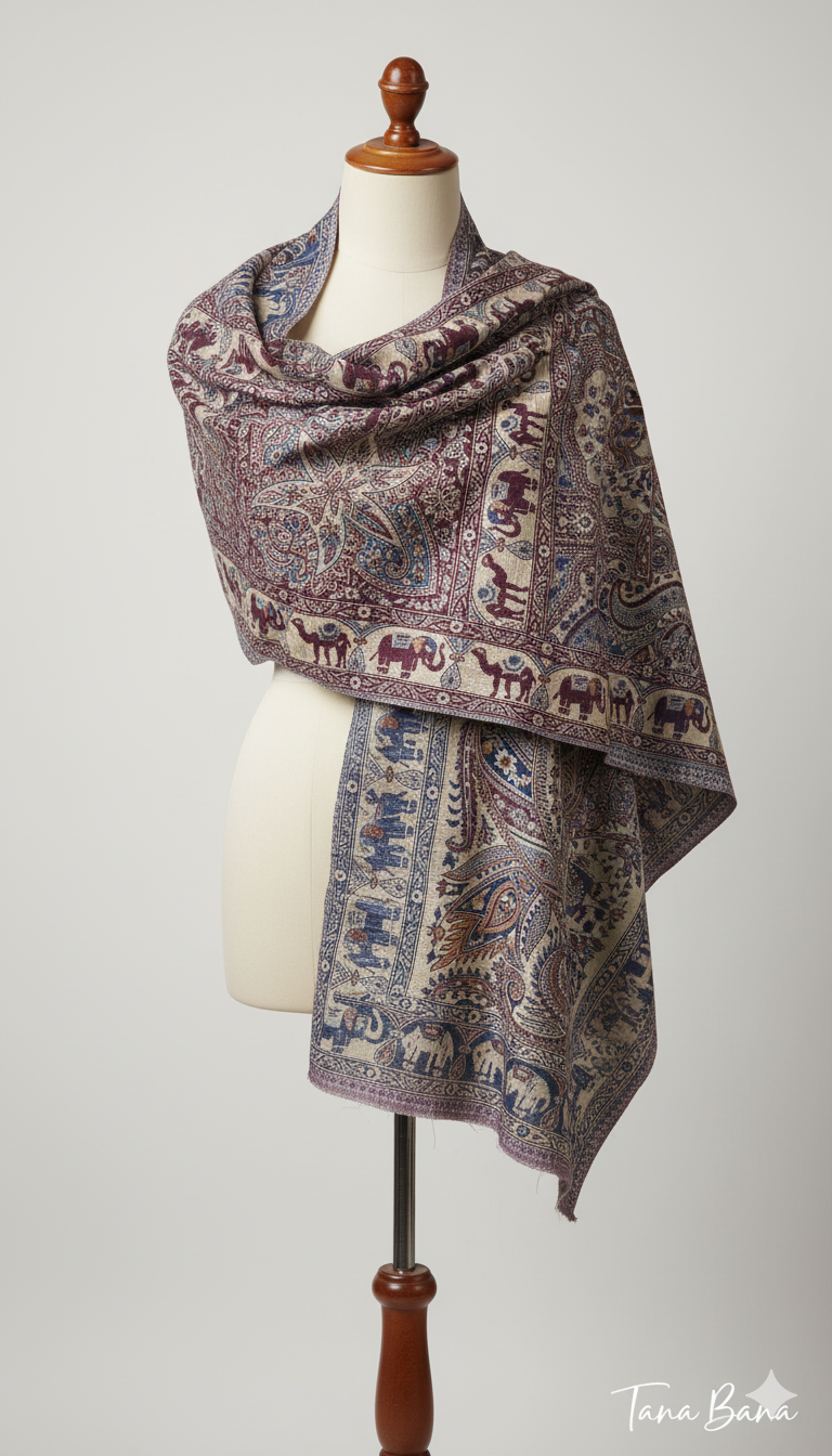 The Royal Elephant Reversible Shawl: |Bordeaux & Blue-Grey| TANA BANA