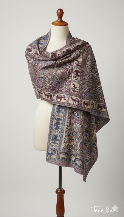 The Royal Elephant Reversible Shawl: |Bordeaux & Blue-Grey| TANA BANA