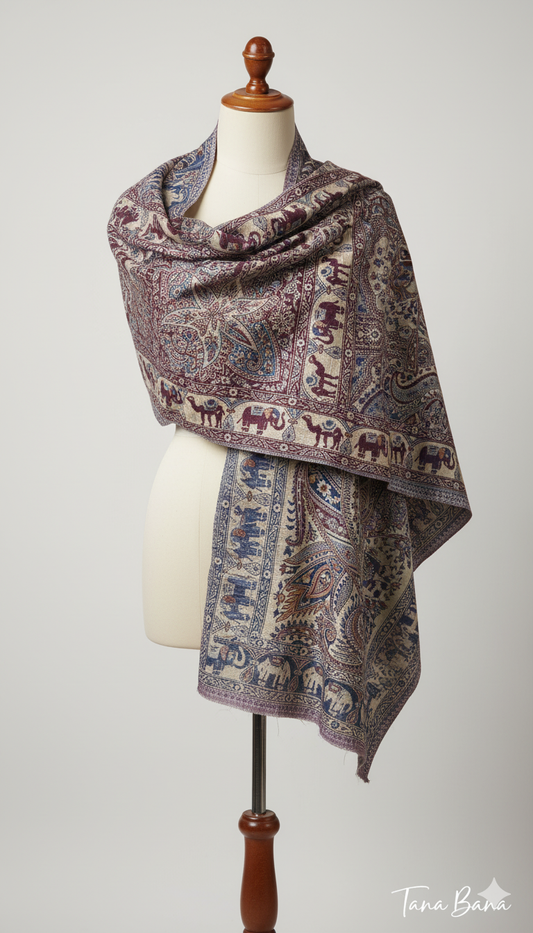 The Royal Elephant Reversible Shawl: |Bordeaux & Blue-Grey| TANA BANA