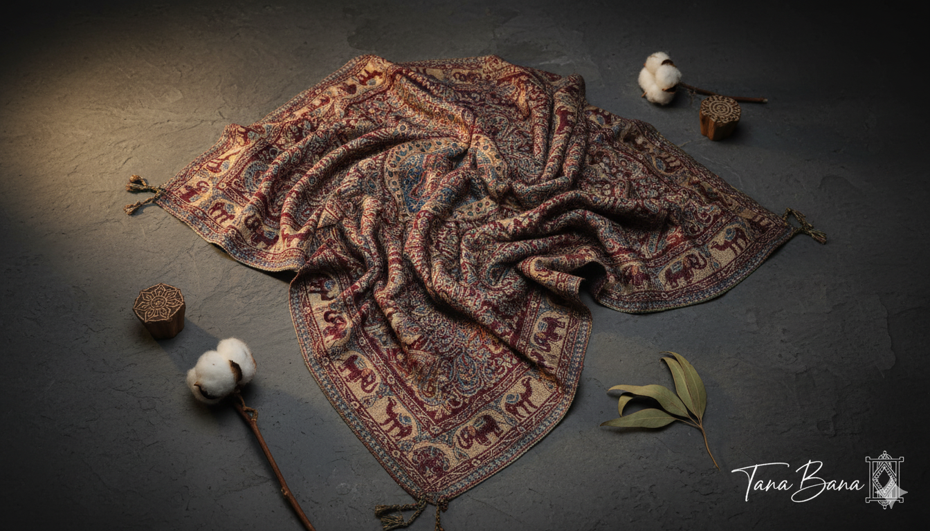 The Royal Elephant Reversible Shawl: |Bordeaux & Blue-Grey| TANA BANA