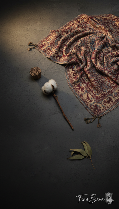 The Royal Elephant Reversible Shawl: |Bordeaux & Blue-Grey| TANA BANA